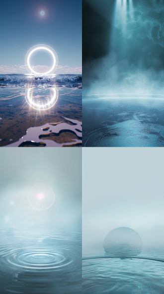 水包围舞台，抽象扭曲，浅蓝极简，海边，圆形朦胧，光晕，广角镜头，低对比度，柔和光线，静态，梦幻，宁静。