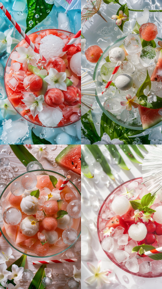 沙滩玻璃碗刨冰，俯视特写，高山西瓜刨冰，晶莹冰块，闪光水珠，西瓜球，融化酸奶，椰子草莓片，蜂蜜露，迷你雨伞，茉莉花，红白条纹吸管，沙滩海浪，阳光明媚，香蕉叶花朵，异国夏天，玻璃状态，食物摄影，超级细节8k，高对比度，暖色调，自然光，静物，清新，诱人。