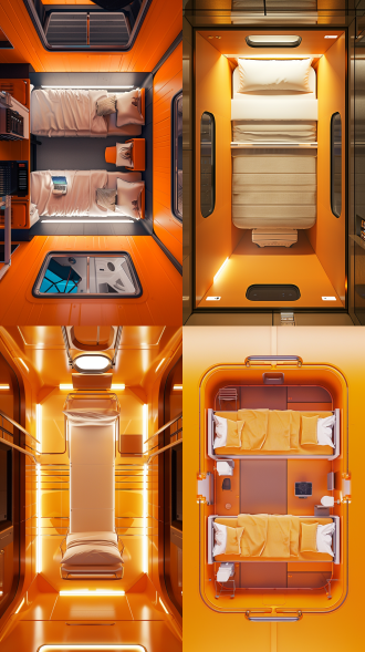迷你房间俯视结构图，数字渲染，胶囊酒店，移动壁纸，橙色，电池盖风格，小木屋，微型核心，长镜头视图，全面前视图，数字艺术，紧凑布局，现代简约，高分辨率，led灯光，科技感，细节丰富，色彩鲜明，创意设计，空间感，未来主义，抽象元素，视觉冲击。