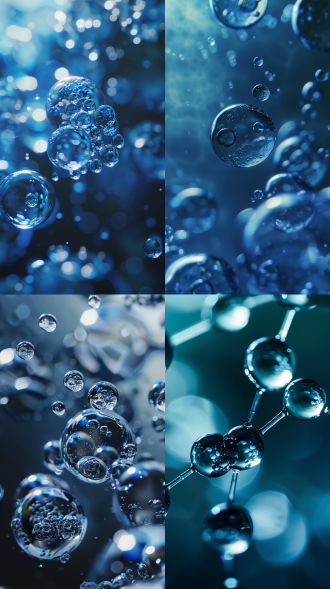 分子球在水里，分子结构清晰，实验室环境，超高清分辨率，科技感，精细，均匀照明，透光8k，微距镜头，水下拍摄，蓝色调，科学探索，细节丰富，光影柔和。