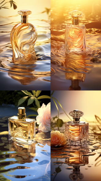 奢华香水静物画，水波环绕，阳光明媚，产品推广画，8k，高品质，中心构图，细腻纹理，透明玻璃瓶，金色液体，反射光，柔和侧光，高分辨率，细节丰富，温暖色调，优雅氛围。 oc渲染器 超现实主义 镜头光晕 高调照明 背景虚化 光追反射 全身