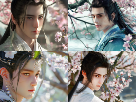 江南水乡，桃花盛开，少年风姿绰约，眉目如画，面如冠玉，目若朗星，江湖行走，众人驻足，叹为观止，春风拂面，秋水共长天，心旷神怡，沉醉其中，水墨画风，柔和光线，长焦镜头，自然环境，细腻表情，古典服饰，淡雅色彩，宁静氛围，诗意场景。 oc渲染器 超现实主义 电影灯光 高调照明 丁达尔效应 背景虚化 光追反射