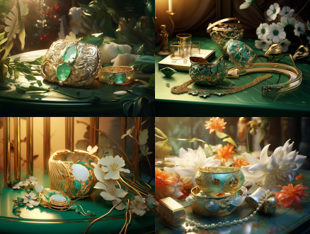 环绕金首饰花，彩釉风格，数字艺术，辛烷渲染，三维雕塑，体积灯，射线追踪，祖母绿，花玉，玻璃，半透明，中国山水画背景，陶瓷，细腻纹理，高光，反射，柔和光线，自然色彩，艺术美感。 oc渲染器 超现实主义