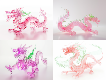 果冻材质中国龙，粉色半透明，包豪斯风格，纯白色背景，神奇绿色阴影，对称构图，柔和光线，微距镜头，梦幻氛围，优雅姿态。 oc渲染器 超现实主义