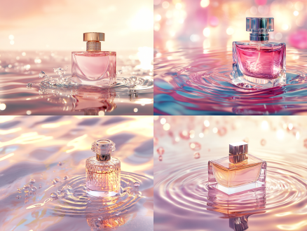 奢华香水静物画，水波环绕，阳光明媚，8k高品质，平视角度，波浪冲击，视觉震撼，高光溢出，细腻纹理，透明质感，金色反射，柔和阴影，奢华感，清新香气，oc渲染器，超现实主义，全身，粉白，高调照明，梦幻灯光，背景虚化，明亮，阳光照射，丁达尔效应，光追反射。 oc渲染器 超现实主义