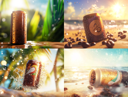 窄能量饮料罐咖啡漂浮，热带海滩背景，凝结水滴，咖啡粉碎，阳光照射，高分辨率，广角镜头，超细节，夏季色彩，反光，激动人心，咖啡豆，动态，自然照明，深度纹理，唤起感觉和欲望。 oc渲染器 超现实主义 镜头光晕 背景虚化 明亮的