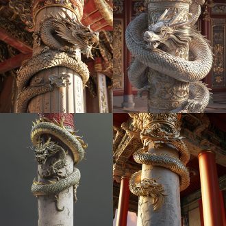 龙缠柱雕塑，立体感强，中国风，石柱，精细雕刻，金色与红色，仰视角度，自然光，庄严，神秘。 超现实主义 oc渲染器