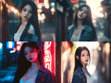 亚洲女孩全身照，复古中国背景，冷感，高级摄影，东方美，肩长黑发带酒红，白背心，牛仔夹克，领口白蕾丝，serjeant色彩，真实面部特征，美丽光线，极美面部细节和精致眼睛，清晰立体五官，8k，冷色调，复古风格，广角镜头，柔和侧光，细节丰富，情感深邃。 超现实主义 镜头光晕 背景虚化 明亮的 旗袍