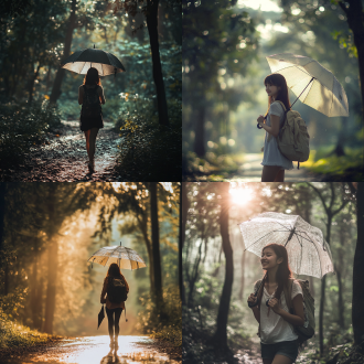 女孩在森林散步，清晨雨天，打着伞背着包，柔和光线，森林深处，长焦镜头，低饱和度，细腻皮肤，微笑表情，清新自然，宁静氛围。 全身 充满阳光 镜头光晕 背景虚化