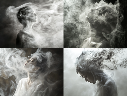 低着头，烟雾制成的中国女人，漂浮空中，抽象，运动模糊，冻结时刻，惊叹想象，白色灰色，消散，如水柔滑，超现实，高对比度，广角镜头，逆光，慢快门，梦幻，神秘。 镜头光晕 背景虚化 丁达尔效应 oc渲染器 超现实主义 未来主义 虚幻引擎 极限特写 丝绸