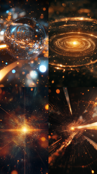 科技光效震撼场景，超清晰细节细腻，12k画质，广角镜头下的神秘画面，有镜头光晕。 正视 黑金 全息 氛围感照明 镜头光晕 丁达尔效应