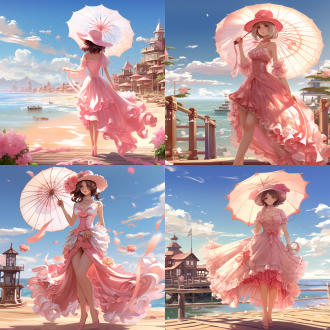 绝世美女，全身照，粉色碎白花大翻领薄纱连衣裙，粉色编织遮阳帽，手持江南风遮阳伞，木板栈桥，海波浪，五官端正，长腿少女，阳光，身材苗条，沙滩，丝袜，高跟鞋，远处城市楼群，3d迪士尼动漫风格，色彩饱和，颜色丰富，8k画质，全身构图，自然光，细节丰富，动态海浪，时尚元素，浪漫氛围。