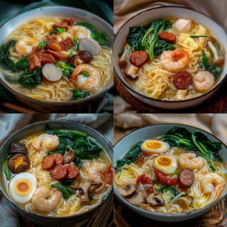 台州特色姜汤面，中饱和度，清晰细节，全景拍摄，质感的碗，猪油黄色浓汤，汤汁很满，食欲诱人，白色细粉干，很多虾仁肉，圆形红香肠片，香菇片，青菜叶，生姜，荷包蛋，古色古香，岁月沉淀，温暖色调，自然光，广角镜头，细节丰富，食欲激发，传统风格，历史感。