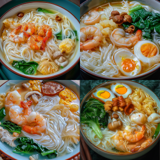 台州特色姜汤面，高饱和度，清晰细节，全景拍摄，质感的碗，猪油黄色浓汤，汤汁很满，食欲诱人，白色细长米粉，满满虾仁肉，圆形红香肠片0.05，香菇片，青菜叶，生姜，荷包蛋