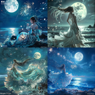 月光下的海边，波光粼粼，人鱼歌唱，王者荣耀风格，极高分辨率，游戏cg背景，月亮，夏日海边，烟花，中心构图，超广角镜头，柔和侧光，慢快门，梦幻色彩，神秘感，优雅姿态，动人表情，浪漫氛围。