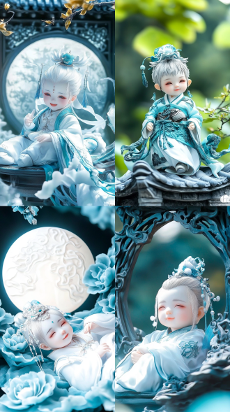 满月宝宝身似龙，中式服饰，微笑，中国风建筑背景偏上，青色调，柔和光，长焦镜头，可爱，神秘。