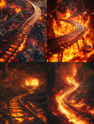 塑胶跑道悬于地狱岩浆之上，跑道弯曲，岩浆翻涌，超现实风格。广角，暖色调，逆光，危险，炽热，奇幻。