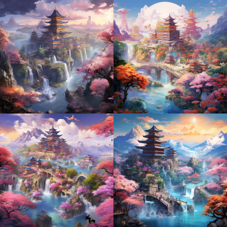 彩色细致画风，俯视视角，梦幻宫殿群，彩色玻璃建筑，长廊环绕，两侧粉色桃花树，花瓣飘落，石桥连接宫殿，桥下流水潺潺，鱼儿游动，水生植物点缀，莲花盛开，建筑错落有致，层叠效果，远山连绵，云海翻腾，白鹤飞翔，色彩丰富，细节精致，8k最高质量，细致画风，俯视视角，彩色玻璃，长廊，桃花树，石桥，流水，鱼儿，水生植物，莲花，层叠建筑，远山，云海，白鹤，色彩丰富，细节精致。