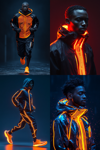 超写实时尚插画，模特穿黑色哑光尼龙带霓虹橙网眼和反光银条男款科技夹克动态奔跑，工作室侧逆光，织物细节，科技风，8k，3:4