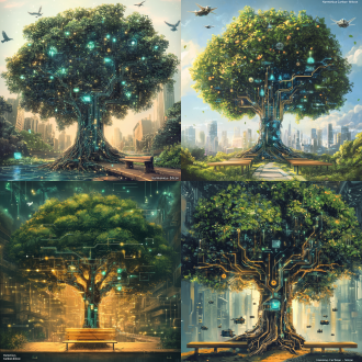 和谐碳硅：人类与机器的未来 媒介: 数字插图 概念: 一幅数字插图，生动地表现了碳基生命（人类）与硅基生命（人工智能或机器）的和谐共存，象征着科技与自然无缝融合的未来。 描述: 中心元素: 一棵雄伟的树，树干是金属材质，刻有电路图案，象征着科技与自然的融合。这棵树拥有真实的叶子和果实，结合了有机和科技元素，从电路中散发出柔和而缥缈的光芒。 辅助元素: 无人机模仿鸟类，在树周围飞行，递送包裹或监测环境，与在枝头筑巢的真实鸟类共存。 一张由木头和金属制成的长椅，人类和机器人坐在一起，进行对话或欣赏风景，展现出舒适和熟悉的感觉。 背景: 一个现代而绿色的城市景观，建筑融入太阳能板和风力涡轮机，穿插着公园和树木。 一条河流贯穿整个场景，反映出自然和技术元素，透明的小路由玻璃和全息显示组成，微妙地融入环境。 色彩调色板: 从绿色（自然）到蓝色（科技）的渐变，暖色如黄色和橙色代表能量、生命和积极。 氛围与构图: 场景采用三分法则构图，以树为中心点，周围元素平衡分布。 整体氛围宁静、邀请和启发，唤起人类与人工智能共存未来的希望。 信息: 这件艺术品传达了一个平衡世界的愿景，在这个世界中，科技增强并支持自然生命，从而实现和谐共存。它承认碳基和硅基生命形式融合的复杂性，同时强调统一与合作的潜力。 结论: “和谐碳硅” 是一个强大的视觉表现，展现了人类与人工智能和谐共处的未来，其色彩调色板和构图强调了统一与合作。这幅数字插图邀请观众去想象并努力实现一个碳基与硅基生命共同繁荣的世界。