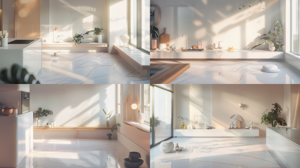 简约干净，现代厨房，开放式，温馨生活气息，水平构图，杰作，巨作，4k画质，柔光版，全局光，超广角，白色调，自然光，静物，细节丰富，生活感，舒适，宁静。 全局光 阳光照射