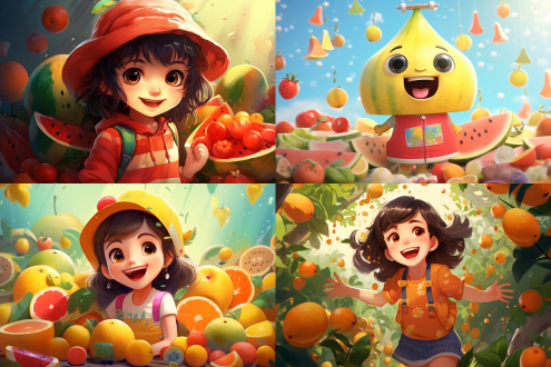 q版卡通ip男孩头像，猫王发型，3d模型，水果氛围背景，明亮色调，细节丰富，水果装饰元素，充满活力，完整展示，食物元素。卡通风格，高清晰度，正面构图，鲜艳色彩，逼真质感，镜头聚焦，柔和光线，微笑表情，生动活泼，水果服饰，童趣。