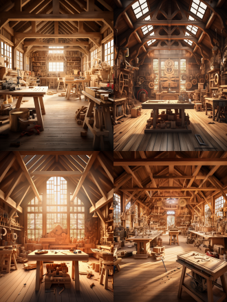 装修木工房背景图，干净整洁，大场景，广角镜头，对称布局，明亮光线，木质纹理，工具整齐排列，暖色调，细节清晰，专注，宁静。
