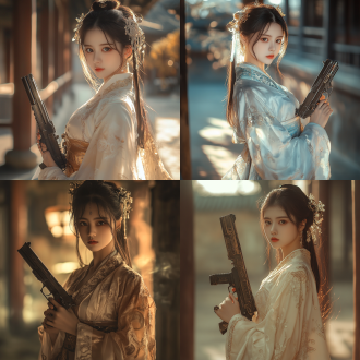 汉服小姐姐手持沙漠之鹰，优雅站立，眼神坚定，汉服飘逸，沙漠之鹰金属质感，背景为古风庭院，细腻光影，广角镜头，高对比度，暖色调，侧光，动态模糊，自信，力量。