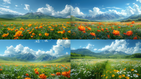 道图淖尔草原夏日美景，色彩非常明亮，简约，精细绘画，专业摄影效果，中景，广角，远视，唯美艺术效果，最佳构图作品，壁纸