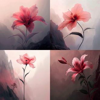 请根据“视觉之美”进行系列绘画，夏日旁晚，竣黑的山崖缝隙中开处几株山丹花（lilium pumlum），特写，以大师级的笔触和技巧，捕捉大自然精神面貌，用色彩和形态的变化，表达中国画的艺术魅力，简约，对焦，印象派，艺术创作，精细绘画，视觉元素，中距，仰角，创造出具有深度美感的艺术作品，大师级风格，最高质量，8k。