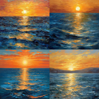 夕阳与蓝色大海交相辉映，暖色，静谧，简约，印象派，油画，精细绘画，景深，广角，深度美感，最高质量，保罗·塞尚和彼得·埃尔森，汤姆·汉米克风格，8k。