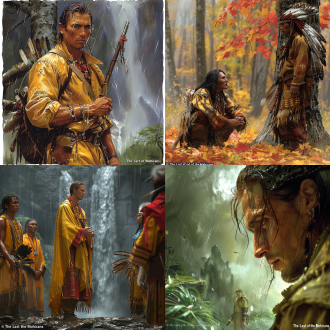 深度解读美国作家詹姆斯.费尼莫尔.库柏的小说《最后的莫西干人》并根据小说内容和场景绘画系列插图，用丰富唯美和激烈的画面描绘印第安人的生活遭遇和传奇经历，历史沧桑感，抽象，油画与摄影技法结合，构图比例适当，高度艺术审美，电影光，广角，大师级风格，精细绘画，最高质量，色彩治愈，8k