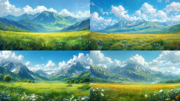 山之美系列，慕士塔格峰的夏季的风情，唯美画面，广阔深绿黄渐变色草原，遥远处山峰耸立，游丝般乳白色浮云与湛蓝色天空，静谧，安详，简约，抽象，油画与摄影技法结合，构图比例适当，高度艺术审美，电影光，超广角，景深，大师级风格，精细绘画，最高质量，色彩治愈，8k