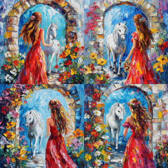 觉醒。抽象艺术，宋代红衣美女骑着一匹白马进入一个挂满花草奇幻的拱门，回头微笑，细节，精致脸庞，纯蓝色渐变底色，三分法构图，远距，油画，大师级作品