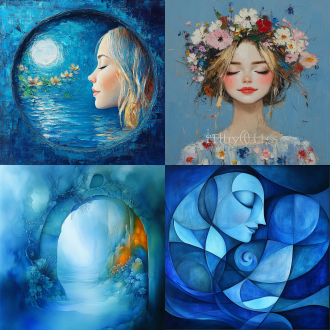 觉醒。抽象艺术，乌克兰红衣美女，挂满花草奇幻的拱门，回头微笑，细节，精致脸庞，纯蓝色渐变底色，三分法构图，远距，油画，大师级作品