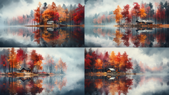 秋色之美。挺拔的树林，金黄色的树和红色、深绿色的树，湛蓝湖泊，树的倒影，一间木房子，淡淡的薄雾在画面上方弥漫，超广角，景深，意境深远，唯美色彩，印象派风格，摄影效果，精细画笔，深度视觉美学，情感表达，明亮光线，色彩明亮。大师级风格，8k分辨率