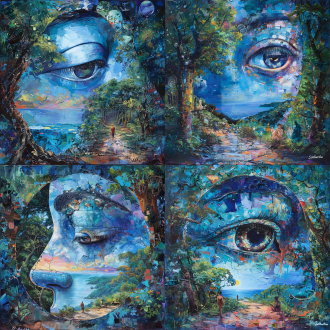 解读赫尔曼.黑塞的小说《悉达多》并绘画系列插图，用唯美画面表现佛陀的经历，表达追寻自我，追寻真理的领悟，油画与摄影技法结合，构图比例适当，高度艺术审美，电影光，广角，大师级风格，精细绘画，最高质量，色彩治愈，8k