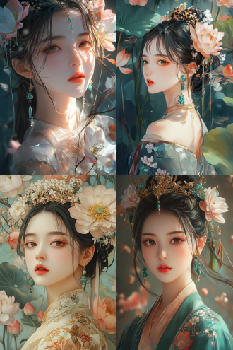 by lü ji, lotus floral crown girl, aesthetic color palette, unusually unique beauty, book cover, emerald earrings, 2 0 1 9, catalog, song, detailed and beautiful faces, ( 3 1, from three kingdoms, orange tone, cute cartoon, blossoms, architectural painting, very detailed bd cover, 3 1