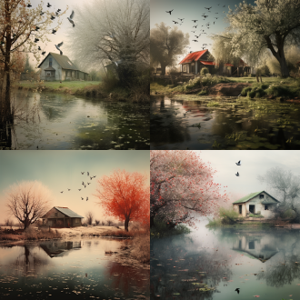 残红中的青杏，绿水绕人家，燕子飞过，柳絮飘落，宁静田园风，中景构图，柔和色调，平光，缓慢快门，飞翔，闲适。