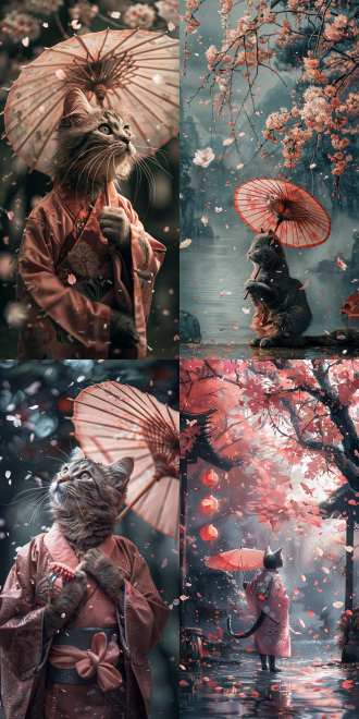 猫咪 在樱花树下 花瓣飞舞 举着粉色油纸伞 穿着粉色汉服 阴天 湖畔 画风唯美治愈
