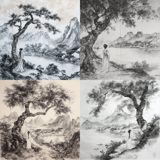中国传统水墨古画，一颗大梭椤树下，站着一位古装女人，是守护村庄的神明，画面有山、水、农家，树和树下的女人占画面的四分之一，点彩水墨，留白占五分之一。