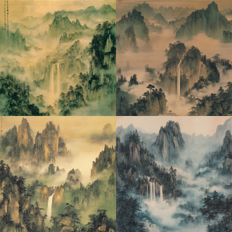 秦岭主峰破云，飞瀑分割松林，山径有旅人，宋代高远法，绢本墨笔，青绿渐变，金箔熔岩，唐亭篆文，生宣纹理，山岚流动。