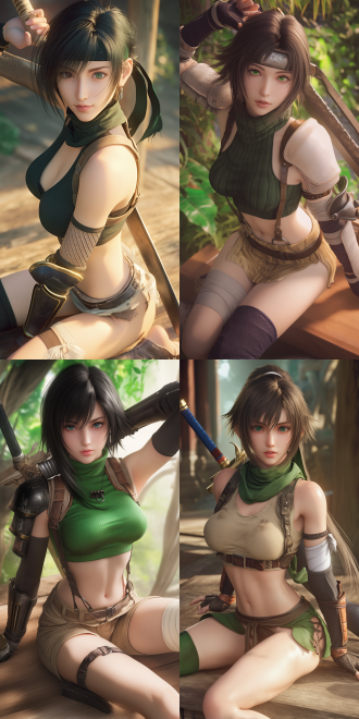 超写实，hdr，4k，最终幻想7尤菲的照片，美丽的脸庞，身穿忍者衣服，完美身材，手拿回力镖，坐姿。照片写实