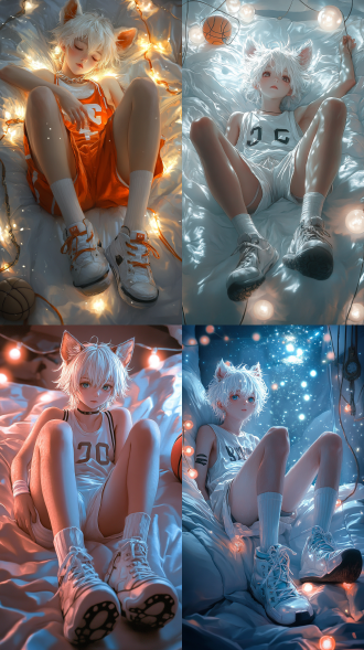 (masterpieces),(1boy),cute,vigourous,short white hair,animal ears and tails,uwabaki \(shoes\),realistic,shorts,white stocking,basketball boots,solo,single person,lying on a mattress,bright lights,simple background,score_9,score_8_up,score_7_up，tentacle