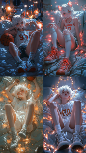 (masterpieces),(1boy),cute,vigourous,short white hair,animal ears and tails,uwabaki \(shoes\),realistic,shorts,white stocking,basketball boots,solo,single person,lying on a mattress,bright lights,simple background,score_9,score_8_up,score_7_up，tentacle