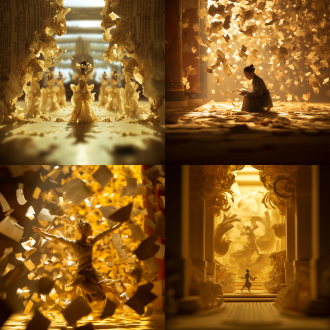 撕碎合同纸屑重组成敦煌飞天图，对称构图，梦幻氛围，室内，长焦镜头，逆光，奇幻感，暖黄配色，震撼。