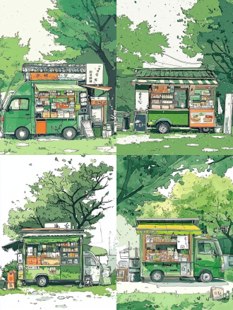 advertising on green grass using trailers and vehicles, with products in the car, in the small shop, black and white line drawing, cute cartoon design, gongbi painting, brush and ink, rice paper, bold color matching