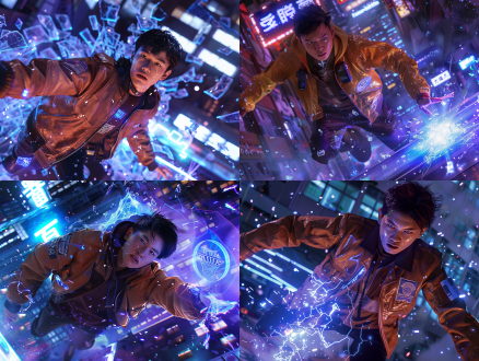 【主体】穿着复古棕色皮夹克的亚洲青年（1990s bomber jacket），腰间别着闪烁的警用bb机（police pager），从破碎的全息传送门中跌落（holo-portal with digital particles），传送门边缘泛着蓝光（crackling blue energy） 【背景】未来主义校园天台（futuristic rooftop），悬浮的ar校徽投影在紫罗兰色夜空（ar school emblem hologram），透明玻璃幕墙反射着数据流（data-stream reflections），远处可见赛博朋克风格的教学楼（neon-lit cyberpunk architecture） 【元素】碎裂的虚拟办公桌（shattered virtual desk with glowing fragments），飞散的发光数据碎片（floating data shards），bb机发出的环形声波涟漪（sonic wave rings），传送门残留的二进制代码轨迹（binary code trails） 【风格】赛博朋克混合复古未来主义（cyberpunk retro-futurism），动态构图（dynamic composition），戏剧性光影（dramatic chiaroscuro），超现实主义科技元素（surreal tech elements） 【调色】霓虹蓝与橙的对比（neon blue vs amber contrast），深空黑底色（cosmic black background），全息银高光（holographic silver accents）