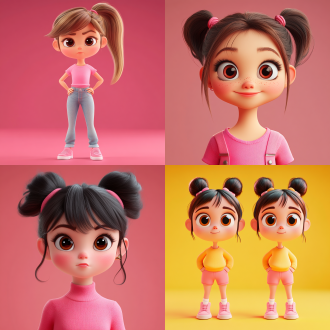 3d建模风格，皮克斯风格，粘土风格，搞怪表情，女孩子，小辫子，粉色上衣，表情包，中分发型，可爱活泼，大眼睛，高饱和色彩，柔和光线，夸张表情，动态姿势，室内场景，创意构图，欢快氛围。 全身 三维 角色设计