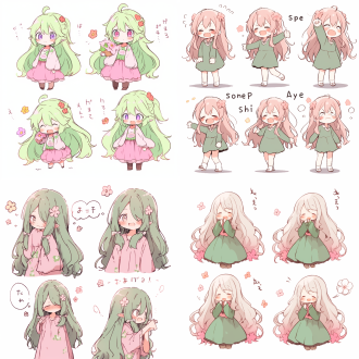 a little girl with long hair wearing a pink flower, a green skirt, rough comic lines, simple art style, dynamic posture, white background, f/64 group style, happy and spoiled expression, chalk effect, cute style, showing personality, core of an old joke, –ar 3:4 –s 250 –niji 5 –s 400 –cute style, clothing details, –niji 5 –aspect 4:3 –fast –stylize 400.,,in clothes